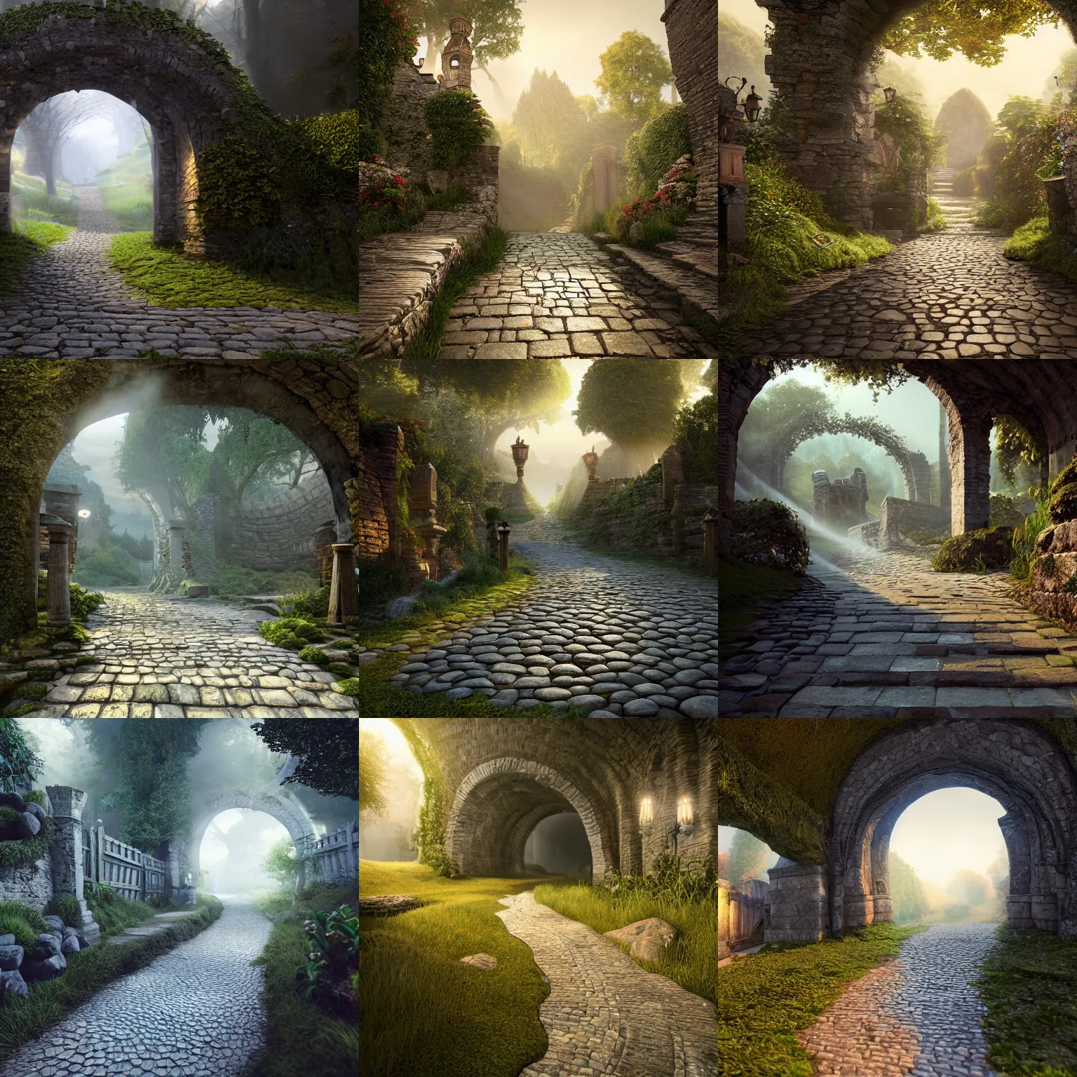 Prompt: cobblestone path leading to the gates of the shire, intricate detail, volumetric lighting, epic composition, hyper detailed, ultra realistic, sharp focus, octane render, volumetric, ray tracing, sense of awe, swirling mist, 4 k