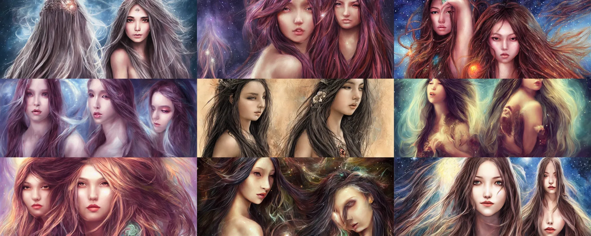 Prompt: fantasy art, girl with cosmic long hair the height is 538, and the width is 1280, high detail of the face, high details, full body, hyperrealistic,