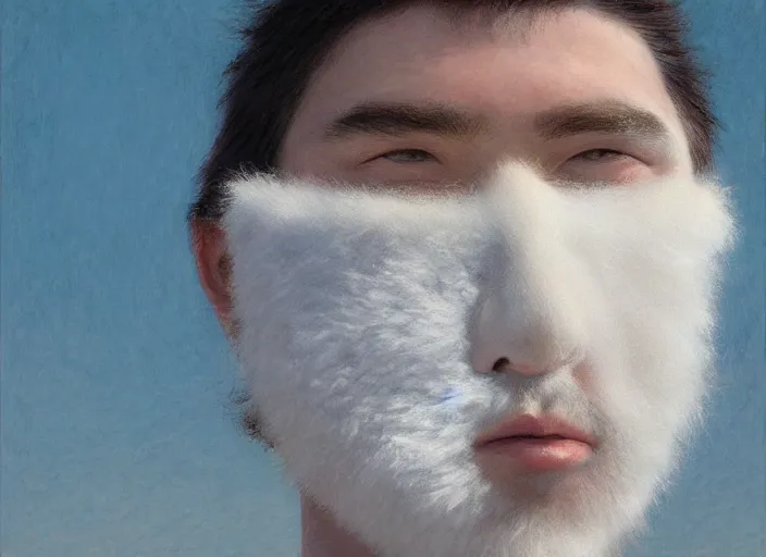 Prompt: man with face made out of white fur, exterior airport, portrait face, in the style of jeremy enecio, intricate, miles johnston, monet, cynical realism, john william godward, painterly, yoshitaka amano, miles johnston, louise zhang, pekka halonen, finnish naturalism, realism