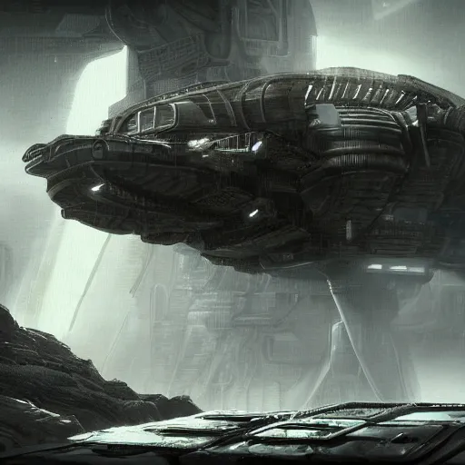 Image similar to a photorealistic picture of the Nostromo spaceship landed on a dark planet, lot of details, greeble and nurnies, dark mood, cinematic, realistic