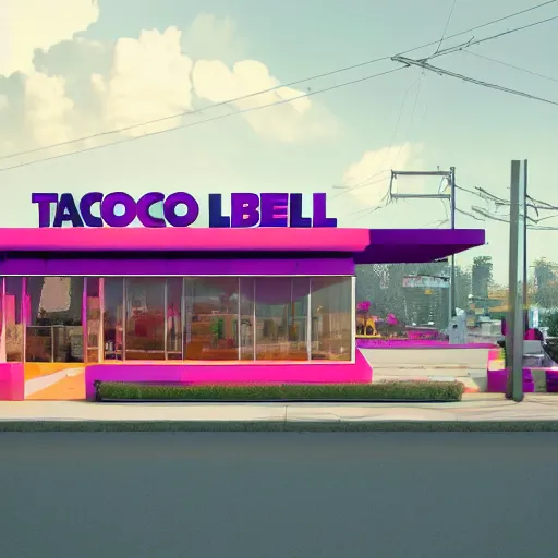 Image similar to taco bell fast food restaurant inspired by raphael lacoste, simon stalenhag, frank lloyd wright, zaha hadid, matte painting