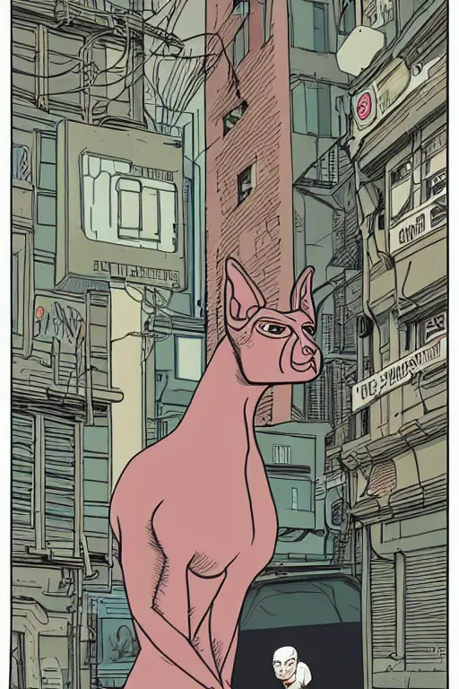 Prompt: a cyborg!! sphynx cat!!, in a cyberpunk alleyway by daniel clowes