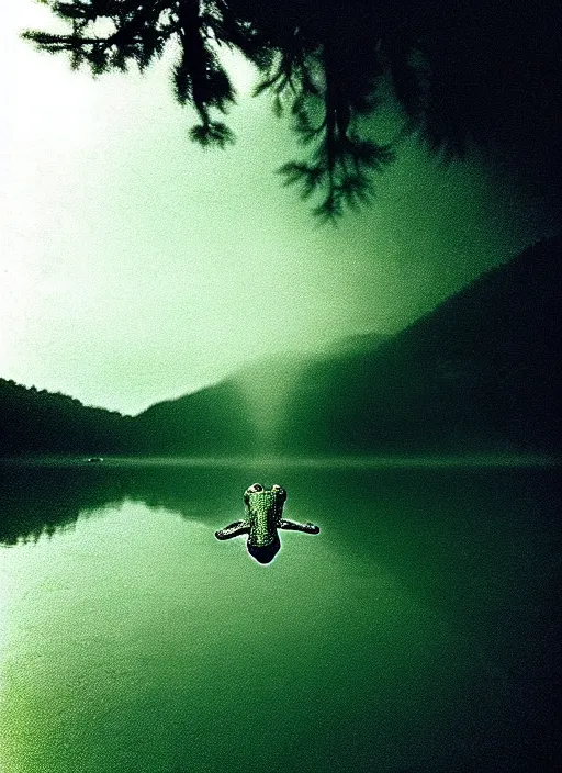 Prompt: “smiling frog vertically floating above misty lake waters in jesus christ pose, low angle, long cinematic shot by Andrei Tarkovsky, paranormal, eerie, mystical”