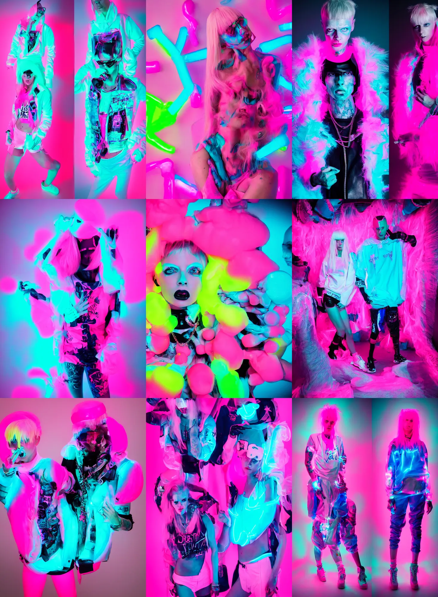 Prompt: Die Antwoord style wear, bubble gum, neon light, balenciaga fashion, glowing pink, vibrant blue, fashion studio lighting, cinematic, high realistic