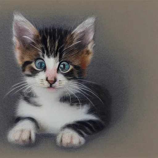 Prompt: photo of an intricately detailed representation of a accurate kitten. Colored graphite blended with colored oils miniature on vellum.