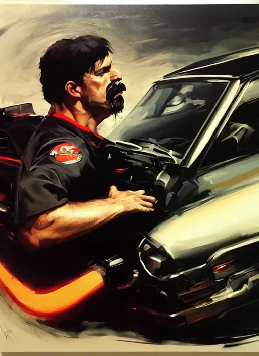 Image similar to dr. disrespect, driving car, reckless, painting by phil hale, fransico goya,'action lines '!!!, graphic style, visible brushstrokes, motion blur, blurry, visible paint texture, crisp hd image