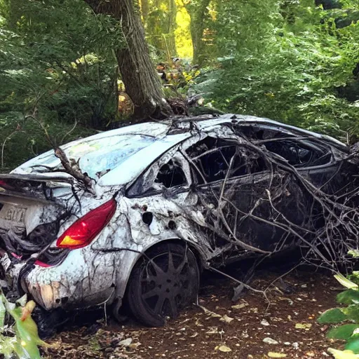 Image similar to The car from outrun gane crashed into a tree