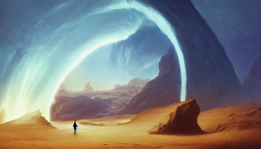 Prompt: a glowing magical portal inside a big wave made of sand fantasy desert, portal, a man watching over, lightning, sandstorm, by caspar david friedrich by james gilleard and justin gerard, artstation, smooth, sharp focus, by jean baptiste, octane render