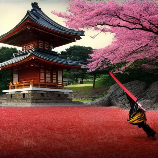 Prompt: samurai, cherry blossom, japanese temple, landscape, wide angle, digital art, irina french, heraldo ortega, mandy jurgens, golden ratio, art canvas, award winning, masterpiece trending on artstation 8 k 1 5 0 mpx