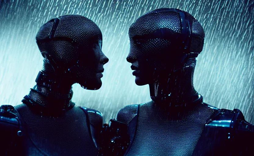 Image similar to cinestill 5 0 d candid photographic portrait by christopher nolan of two loving female androids wearing rugged black mesh techwear in treacherous waters, city, clear sky planets, helicopter, medium closeup, modern cyberpunk moody cinematic, pouring iridescent rain bright spotlight, 8 k, hd, high resolution, 3 5 mm, f / 3 2, ultra realistic faces, ex machina