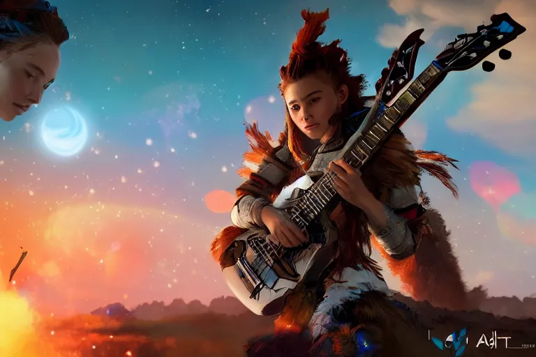 Image similar to cinematic picture of aloy from the horizon zero dawn videogame playing the guitar in the international space station, digitla art trending on artstation