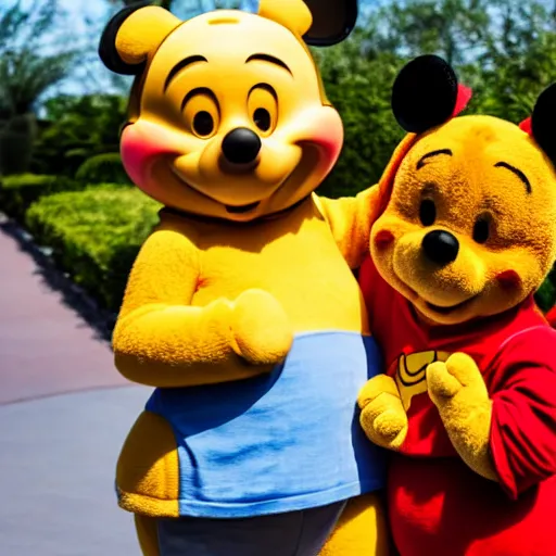 Prompt: xi jingping hugging winnie the pooh at disney world florida, Getty Images, 4k, DLSR