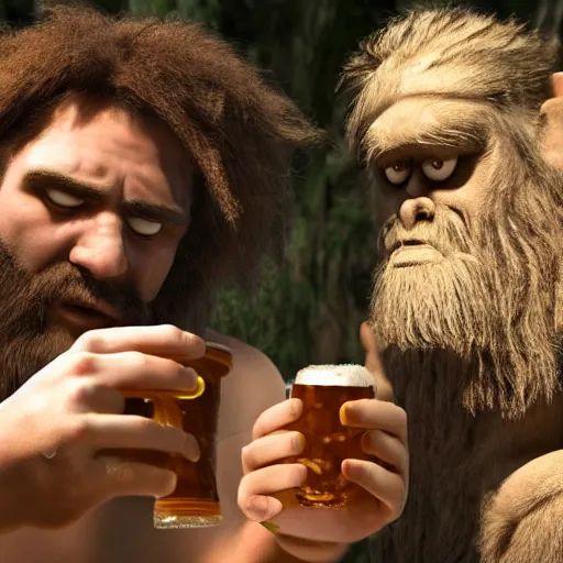 Image similar to photo of ancient caveman discovering beer for the first time, high detail, ultra realistic, 4k UHD, pristine