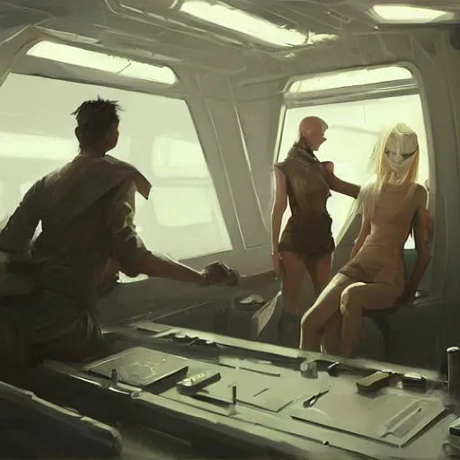 Image similar to concept art by greg rutkowski, a very tall, and slender woman with blonde hair, sitting with the crew in the ship's flight deck, brutalist futuristic interior, dark lighting atmosphere, detailed portraits, nostalgic atmosphere, scifi, digital painting, artstation, concept art, smooth, sharp foccus ilustration, artstation hq