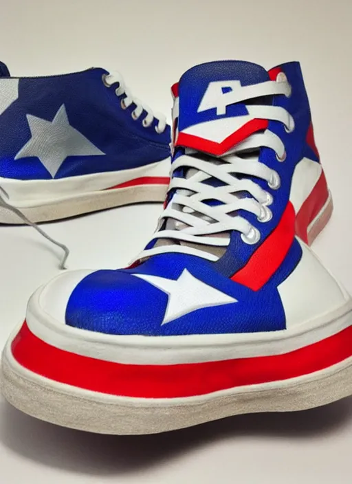 Image similar to Captain America sneaker, view from the side, Light Mode, Future Funk, Painted By Lawrence Pelton