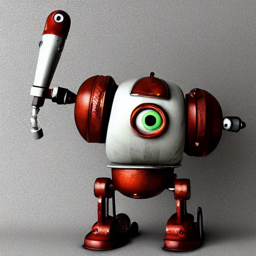 Prompt: a small chubby bot, smooth panelling, one large eye intricate detail, with rusty arms, broken antenna, recycled, floating, white studio, ambient light, in the style of pokedstudios,
