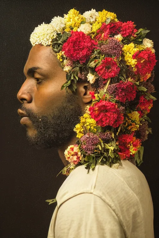 Prompt: a black man's face in profile, no beard, long curly hair, made of flowers and fruit, in the style of the Dutch masters and Gregory crewdson, dark and moody