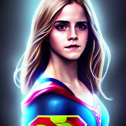 Image similar to emma watson as supergirl, realistic, intricate, elegant, art by artgerm and wlop