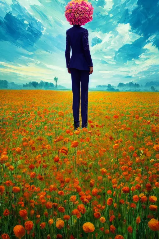 Image similar to closeup, giant flower head, girl in suit standing in a field of flowers, surreal photography, sunrise, blue sky, dramatic light, impressionist painting, digital painting, artstation, simon stalenhag