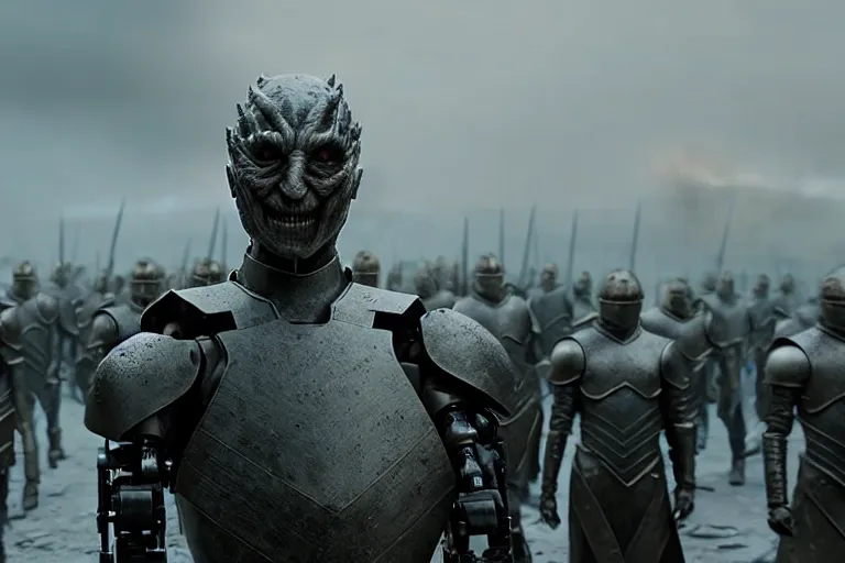 Image similar to vfx film, game of thrones robot army, flat color profile low - key lighting award winning photography arri alexa cinematography, big crowd, hyper real photorealistic cinematic beautiful, atmospheric cool colorgrade