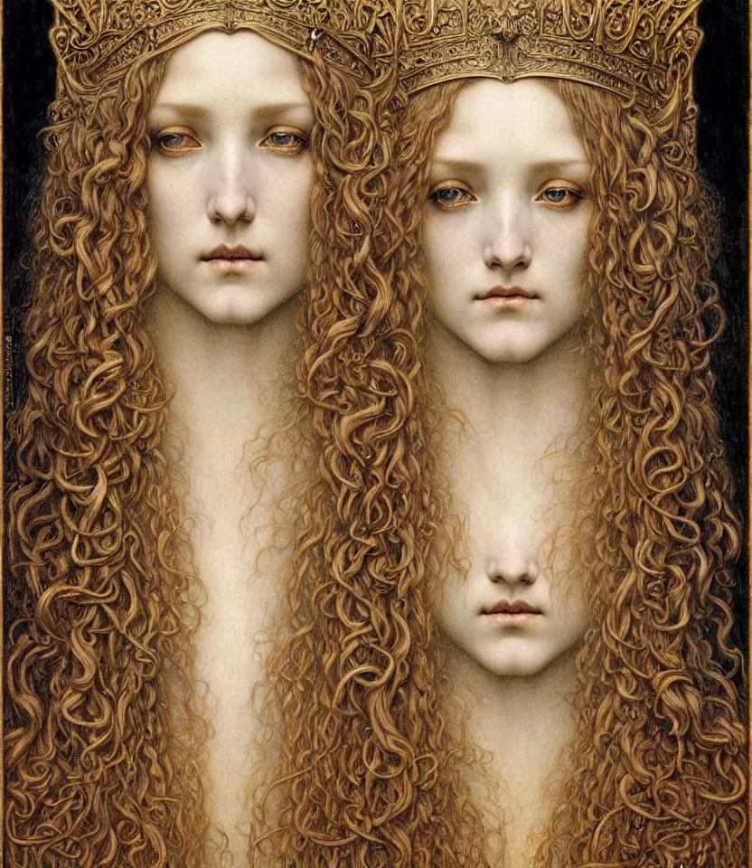 Image similar to detailed realistic beautiful young medieval queen face portrait by jean delville, gustave dore and marco mazzoni, art nouveau, symbolist, visionary, gothic, pre - raphaelite. horizontal symmetry