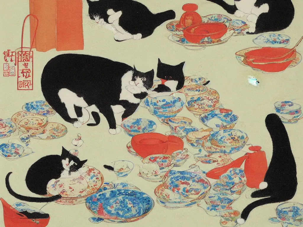 Image similar to cat breaking the china. Painting by Tsuguharu Fujita