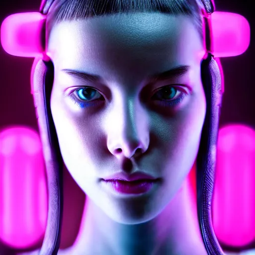 Image similar to futuristic girl, portrait, Cyberpunk, glowing skin, extremely detailed, sharp focus, model