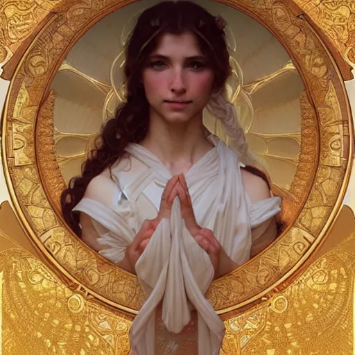 Prompt: portrait of the heavenly gates, intricate, elegant, highly detailed, digital painting, artstation, concept art, smooth, sharp focus, illustration, art by artgerm and greg rutkowski and alphonse mucha and william - adolphe bouguereau