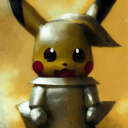 Image similar to close up of pikachu wearing leather armor, cinematographic shot, by daniel f. gerhartz