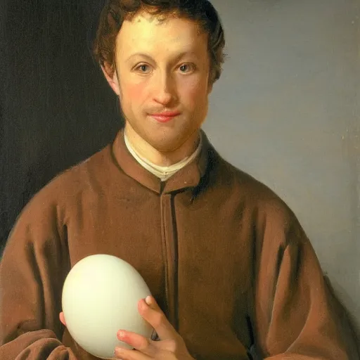 Prompt: a portrait of a man holding an egg