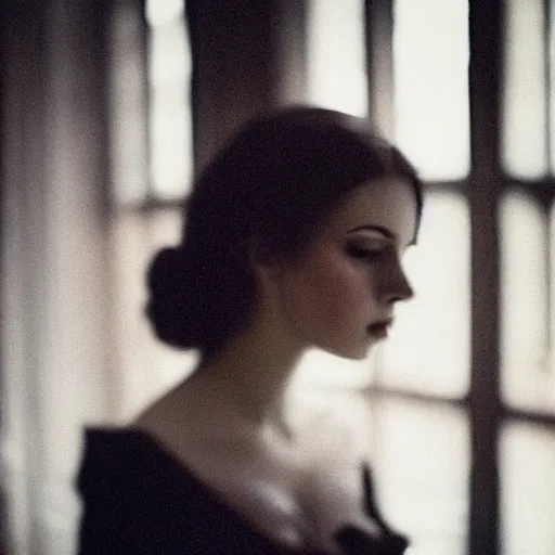 Image similar to A beautiful portrait of a lady vampire, victorian, ominous, depth of field, bokeh, irwin penn, soft light, cinematic