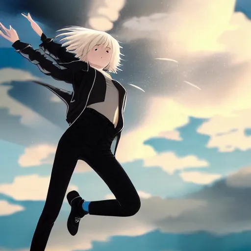 Image similar to 1 7 - year - old pale - skinned anime girl with black long bob cut, long bangs, black gothic jacket, black jeans, flying through sky, jumping through clouds, late evening, blue hour, cirrus clouds, pearly sky, ultra - realistic, sharp details, subsurface scattering, blue sunshine, intricate details, hd anime, 2 0 1 9 anime