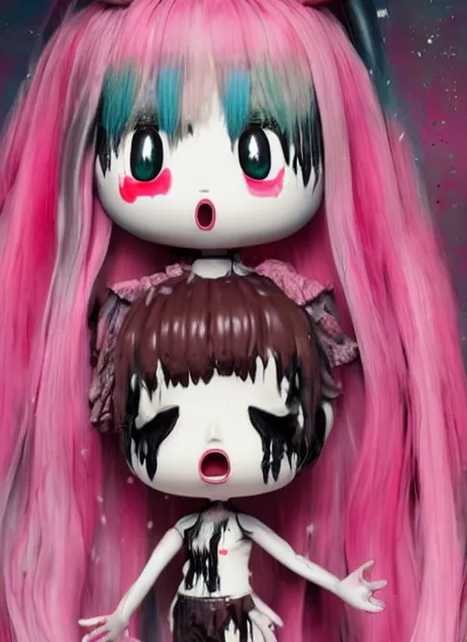 Prompt: a dramatic emotional hyperrealistic pop surrealist oil panting of a sad sobbing grotesque kawaii vocaloid figurine caricature sobbing red in the face uglycrying with tears and snot featured in animal crossing by h r giger made of dripping paint splatters in the style of bratz, 😭 🤮 💕 🎀