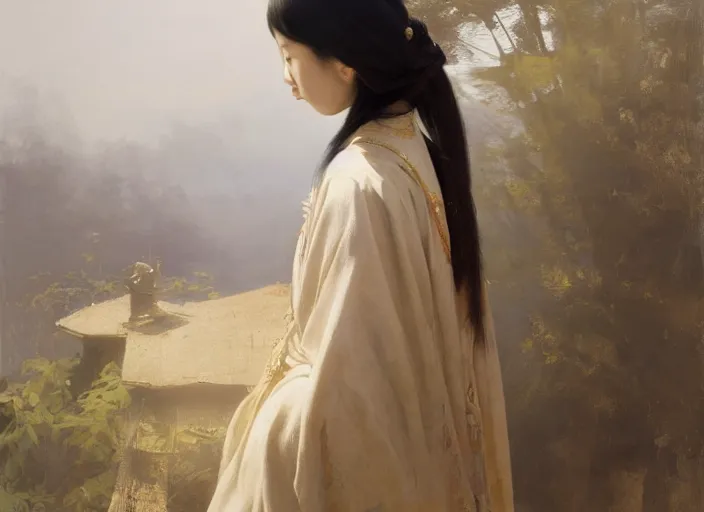 Prompt: top angle view, wide lens of asian girl wearing traditional as, beautiful concept painting by caravaggio, ruan jia, jakub rebelka, artgerm, greg rutkowski, edgar maxence