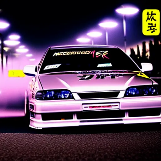 Prompt: a car JZX90 turbo drift at illegal car meet, Chiba prefecture, city midnight mist lights, cinematic color, photorealistic, highly detailed, work wheels, 200MM