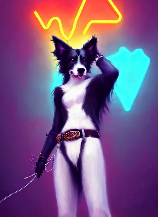 Image similar to wide angle beautiful full body portrait of a cute male anthropomorphic anthro border collie fursona wearing cowboy outfit in a neon metropolis, character design by charlie bowater, henry asencio, and ross tran, furry art, furaffinity, beautiful, glamor pose, detailed, aesthetic, trending on artstation