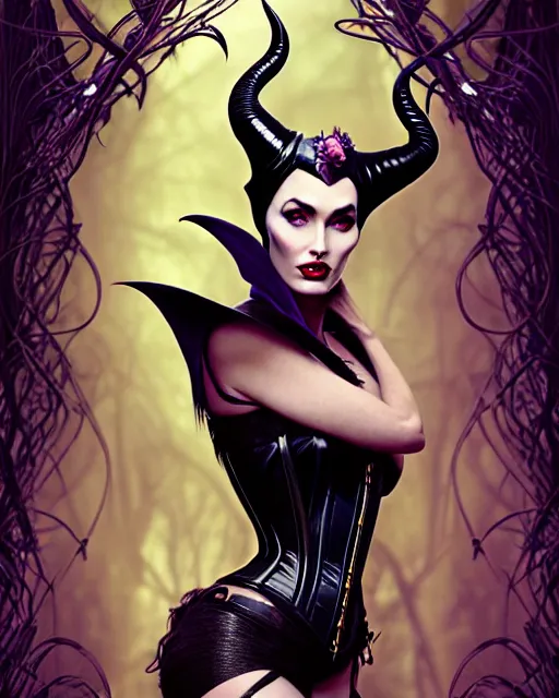 Image similar to new art nouveau portrait of fantasy succubus maleficent megan fox wearing a leather corset in a magical forest, anna dittmann, moebius, wlop, artgerm, patrick nagle, charlie bowater and loish. long windblown hair, ultrasharp focus, dramatic lighting, barbwire vine arches, photorealistic digital matte painting, intricate.