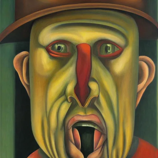 Image similar to fearful visage, portrait, peasant, cathedral, dystopian, pj crook, edward hopper, oil on canvas