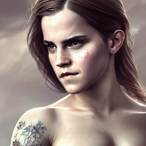 Prompt: portrait painting of a muscular emma watson, tattoo, ultra realistic, concept art, intricate details, eerie, highly detailed, photorealistic, octane render, 8 k, unreal engine. art by artgerm and greg rutkowski and alphonse mucha