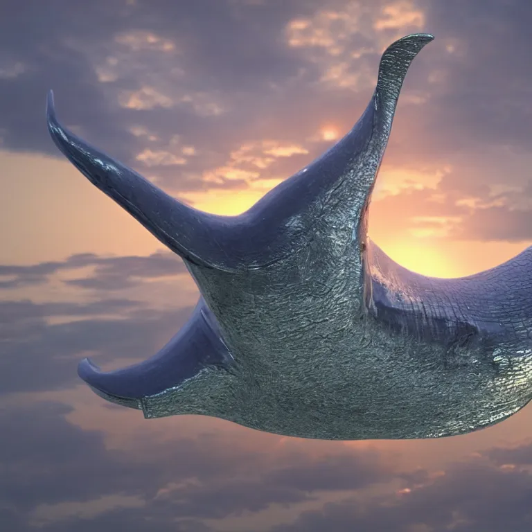 Image similar to octane render portrait by wayne barlow and carlo crivelli and glenn fabry, a blue whale made out of shiny reflective liquid metal swimming through beautiful sunset clouds, cinema 4 d, ray traced lighting, very short depth of field, bokeh