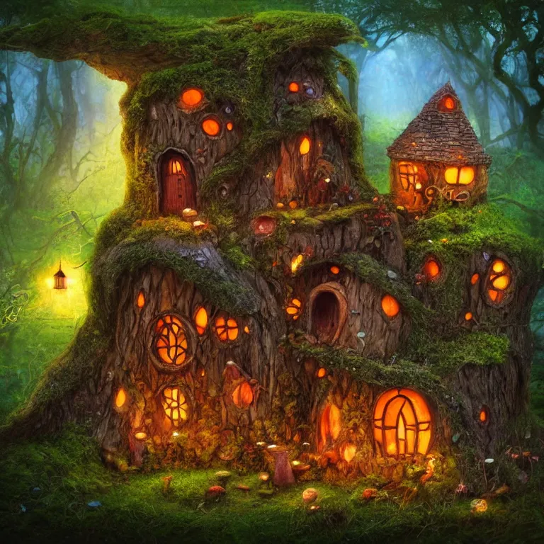 Prompt: faerie house made from a stump by Alex Horley Orlandelli, whimsical, 4k