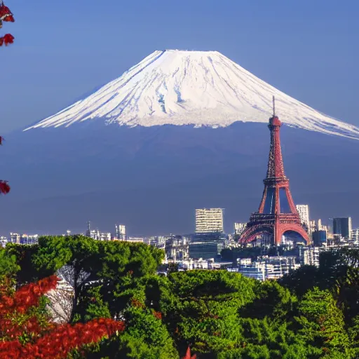 Prompt: fujiyama mountain with eiffel tower on top