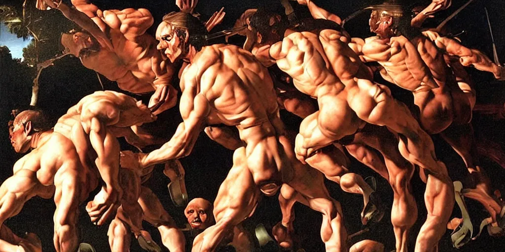 Image similar to hyper muscular centaurs wars, hyper realistic, glossy by caravaggio