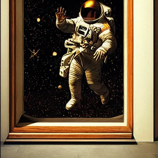 Image similar to photo - realism, space astronaut opening door that shows space and time created by leonardo davinci with extra detail, epic.