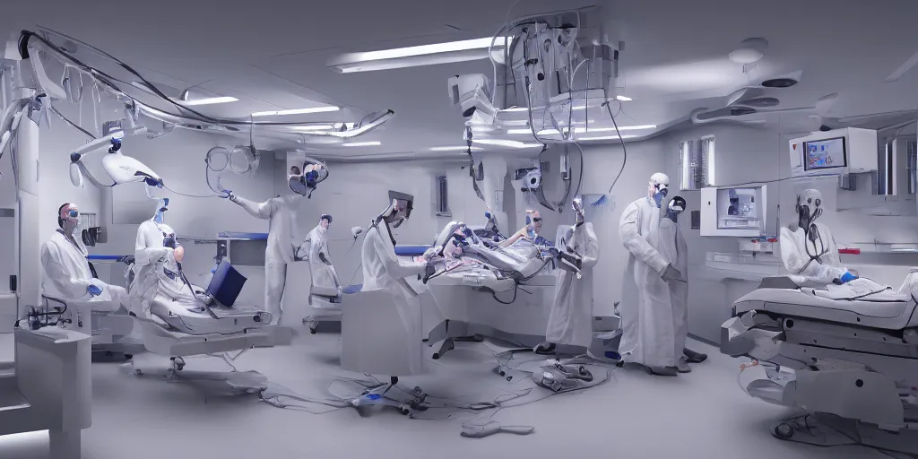 Prompt: an organ transplant in an operating room with robotic surgeons , photorealistic,by Wlop,4k resolution