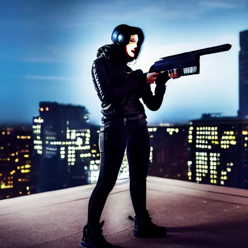 Image similar to photographic portrait of a techwear woman holding a shotgun, closeup, on the rooftop of a futuristic city at night, sigma 85mm f/1.4, 4k, depth of field, high resolution, 4k, 8k, hd, full color, Die Hard, movies with guns, movie firearms