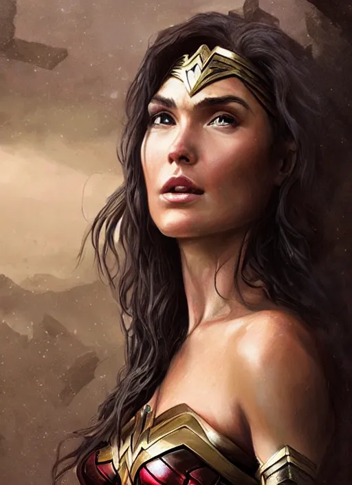 Image similar to realistic portrait painting of wonder woman, old mystic ruins, afternoon, intricate, elegant, highly detailed, digital painting, sharp, focus, by artgerm and greg rutkowski