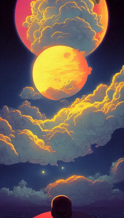 Prompt: sturgeon moon floating on cosmic cloudscape at sunset, futurism, dan mumford, victo ngai, kilian eng, da vinci, josan gonzalez