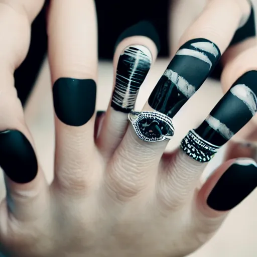 Image similar to photo of a human hand with black painted nails and a variety of rings