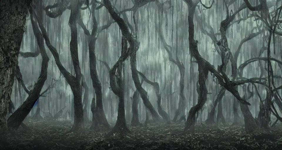 Image similar to A dense and dark enchanted forest with a swamp, by schizophrenia patient